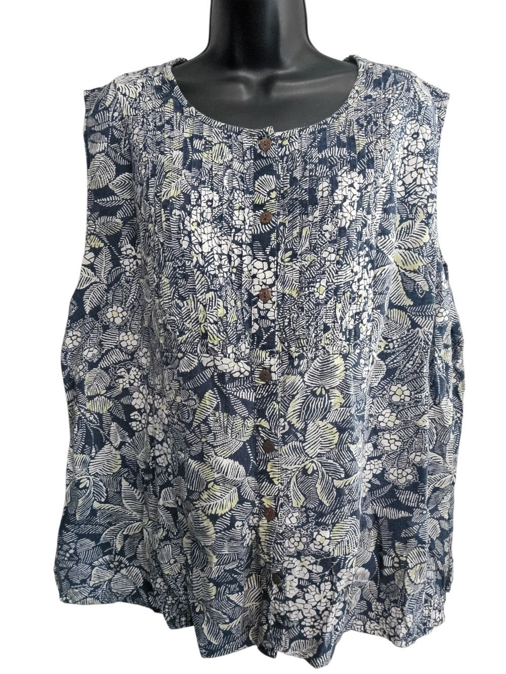 CJ Banks Shirt 2X Sleeveless Navy Floral Button-Front Women’s Top Linen Blend